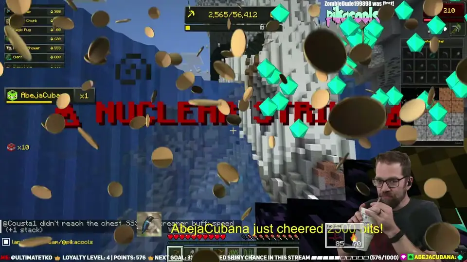 A BlockBusters stream in Minecraft with a nuclear strike effect, coins falling and a viewer cheering 2500 bits